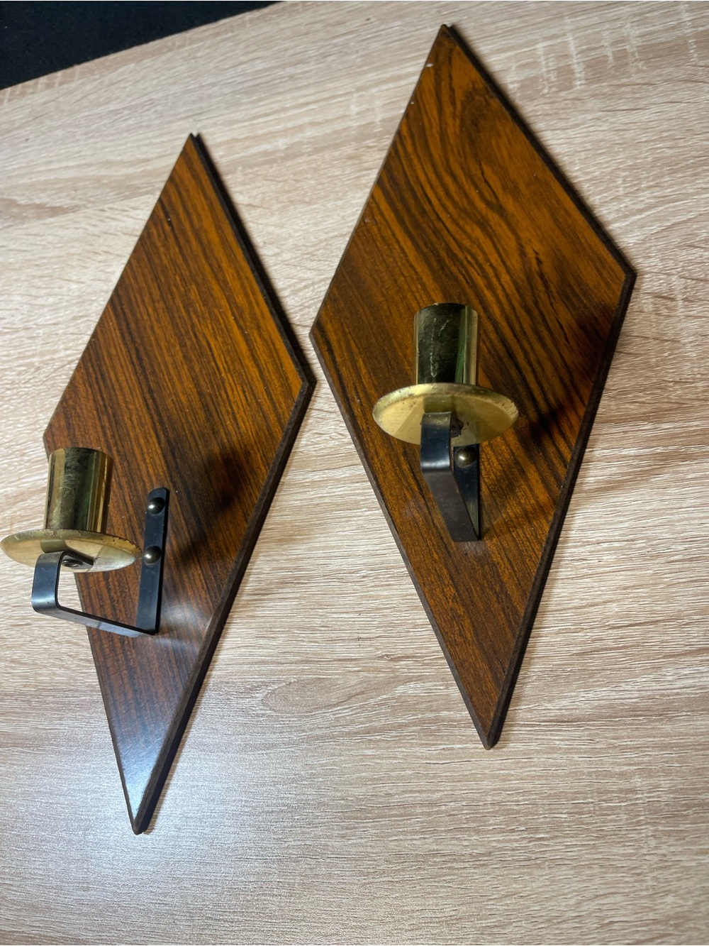 Diamond Wood Wall Candle Sconces in Brown with Brass Accents